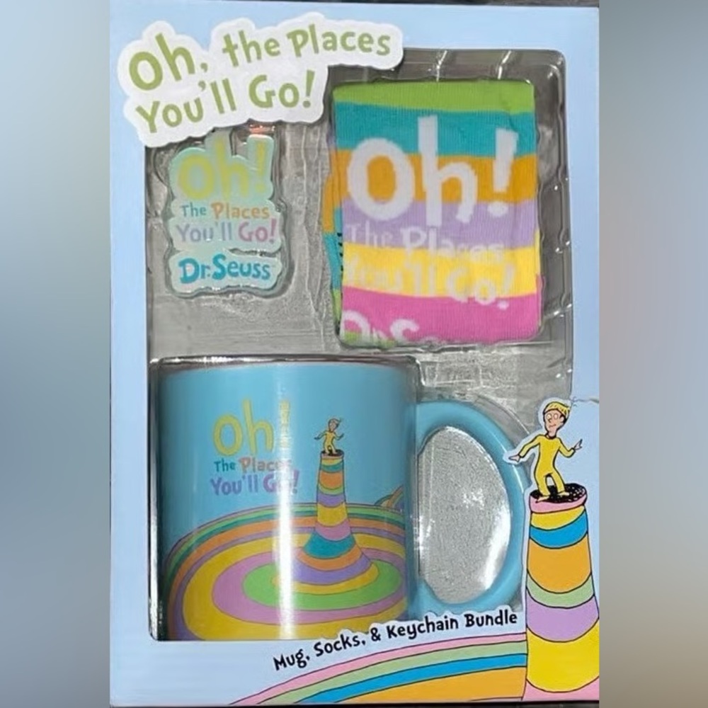 Dr Seuss Oh the Places You'll Go Mug Sock & Key Chain Gift Set Bundle Graduation